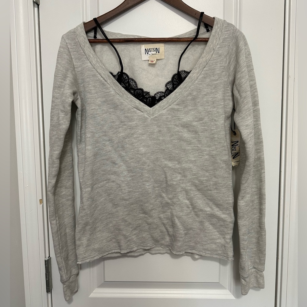 NWT Nation LTD Gray Sweatshirt Womens XS Black Lace Camisole